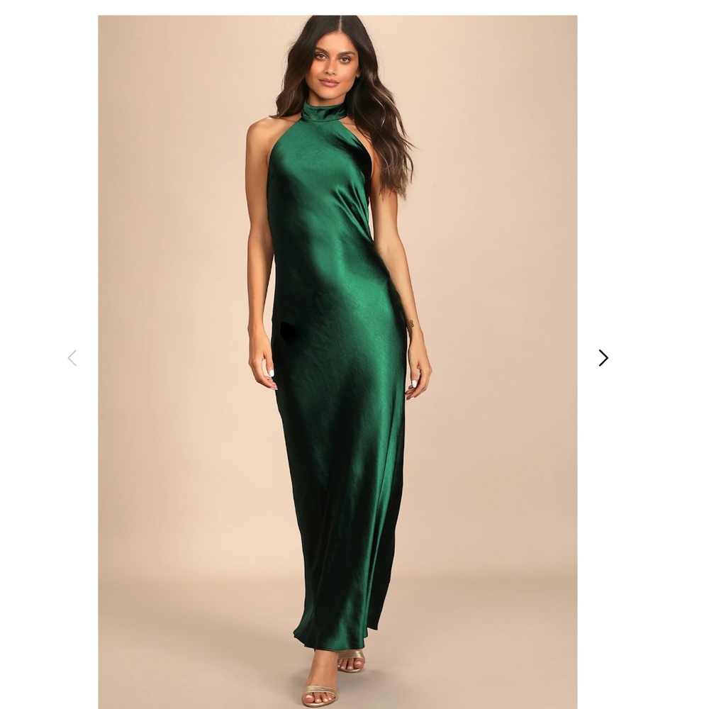 Emerald Green Satin Halter Maxi Dress